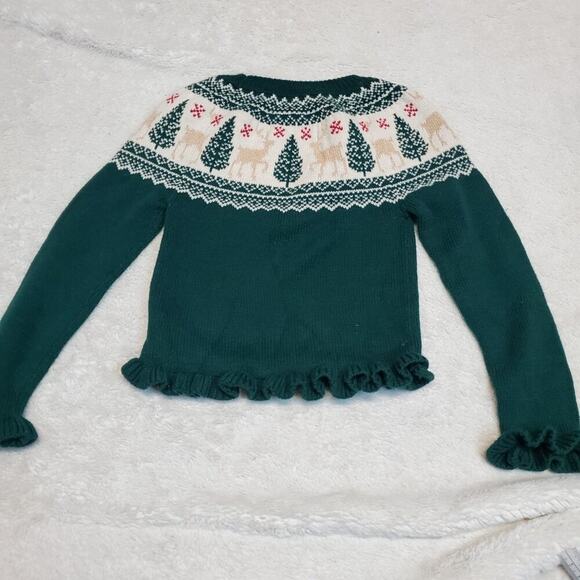 Tahari Green Cream Metallic Christmas Nordic Winter Knit Ruffle Sweater Girl 4T - Picture 2 of 5